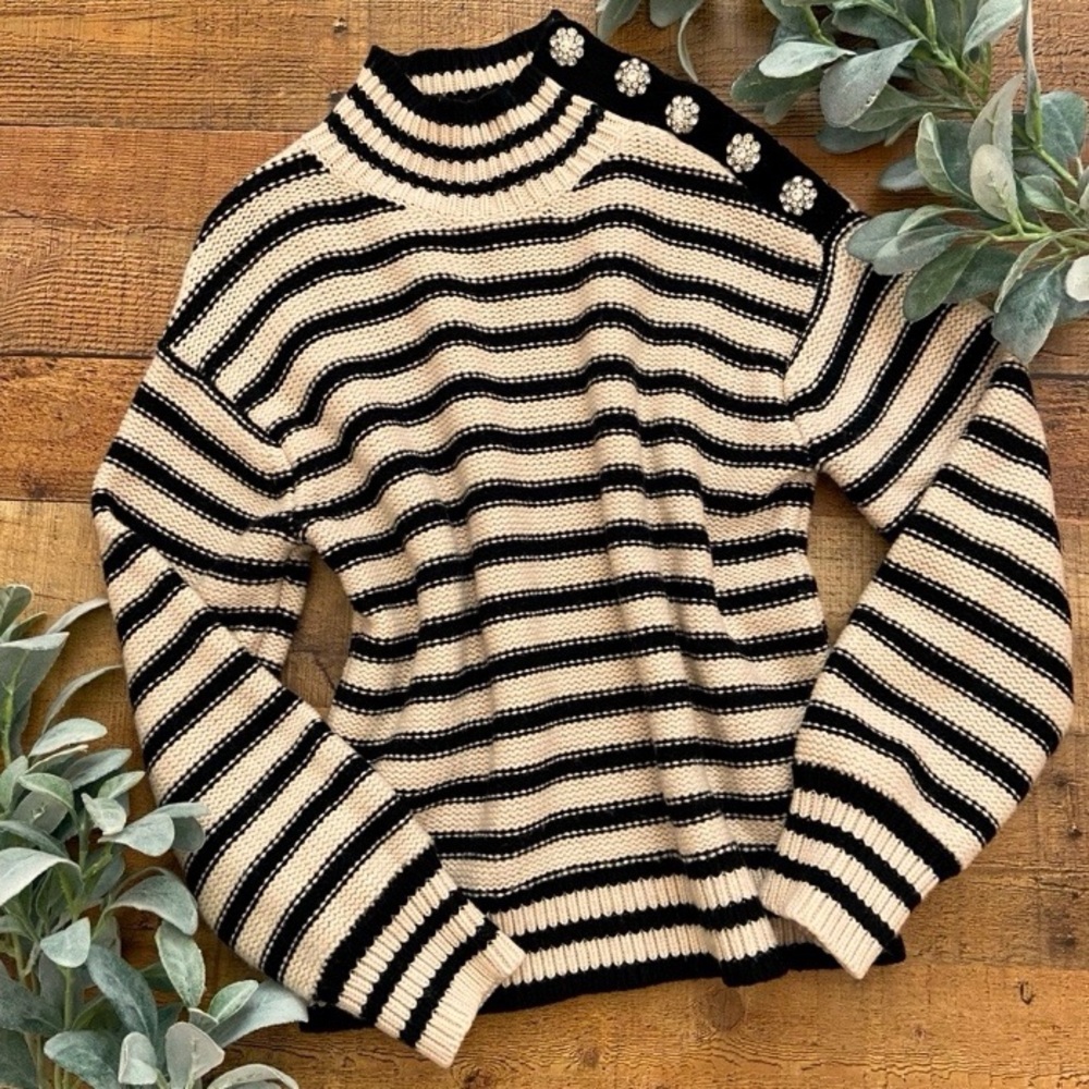 J CREW Striped Sweater, Crystal Buttons, Black + Oatmeal